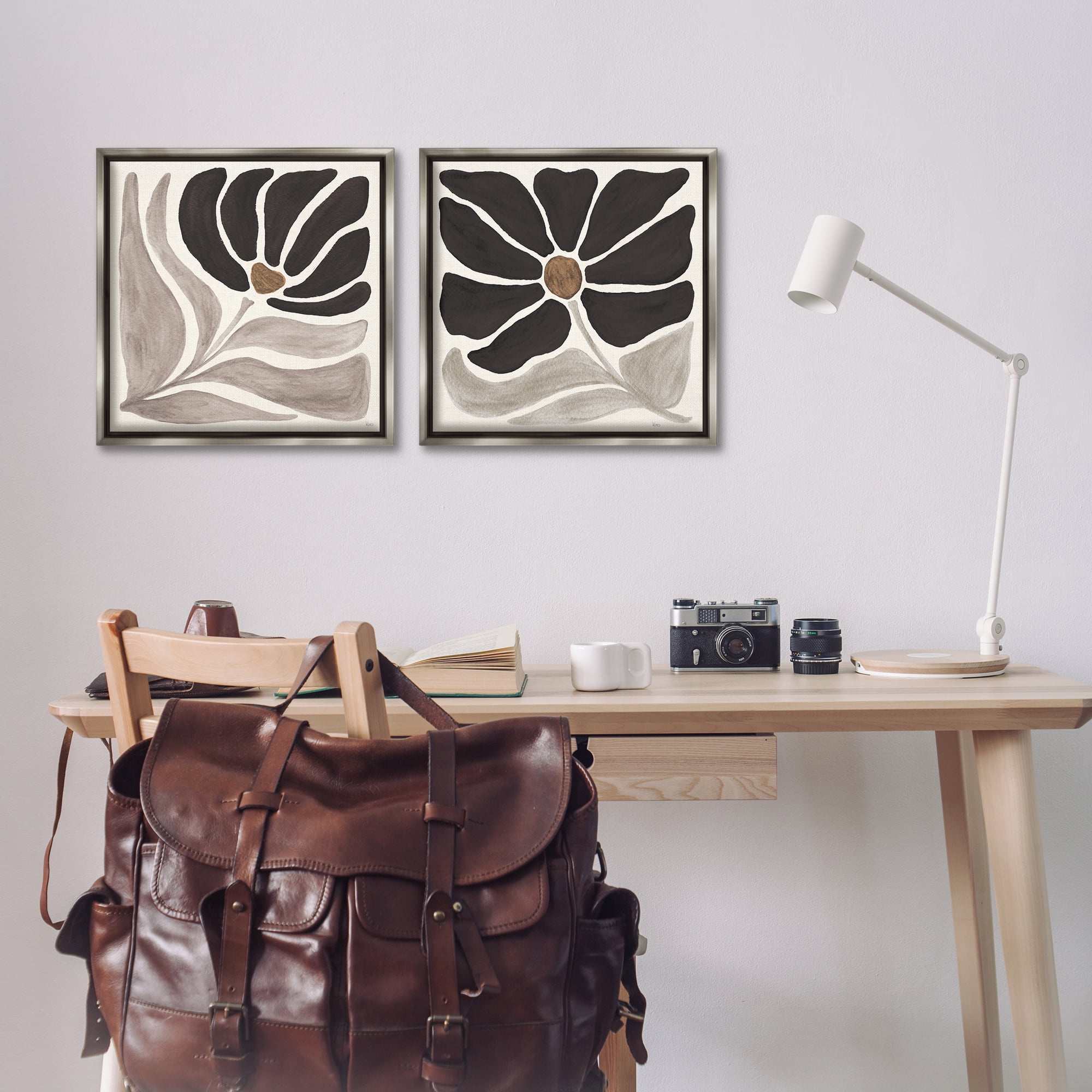 Stupell Industries Large Modern Flower Plants & Flowers Painting Gray Floater Framed Canvas Art Print Wall Art, 18 x 18, Set of 2