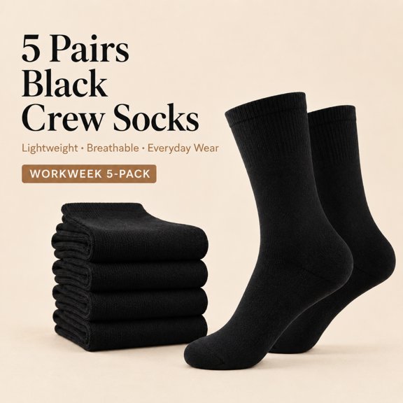 Women’s Lightweight Black Crew Socks, Thin Breathable Mid Calf Socks, 5 Pairs