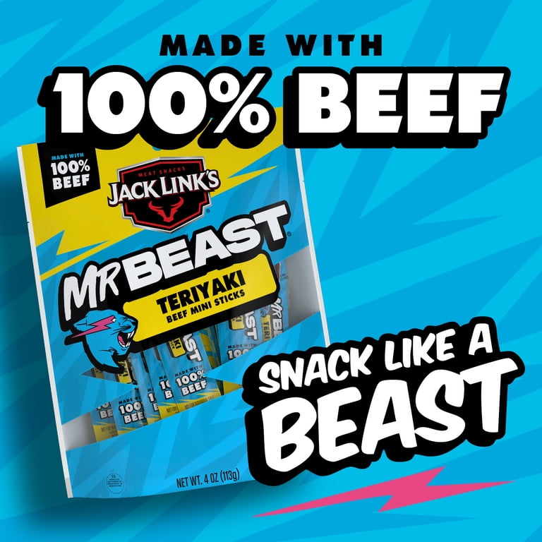 Jack Link's x MrBeast Teriyaki Mini Beef Sticks, 4 ounce Bag, 8
