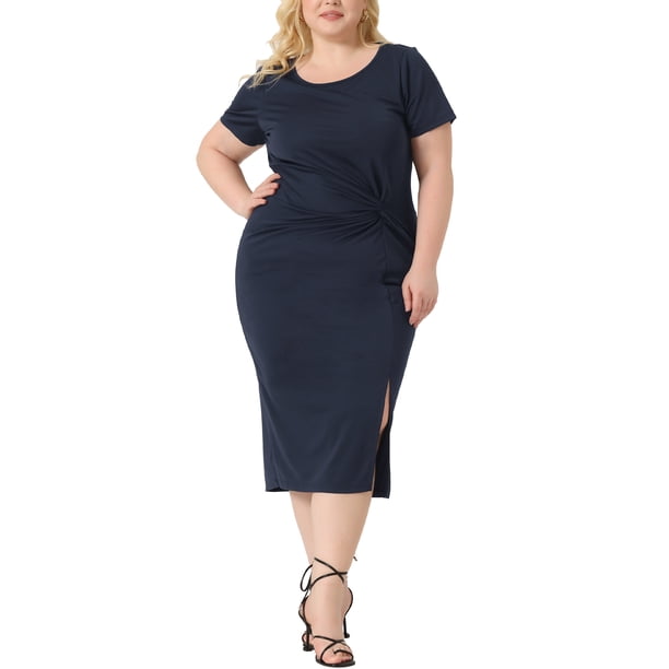 Agnes Orinda Plus Size Midi Dress for Women Knot Round Neck Short Sleeve Side Split Dress Navy Blue 4X