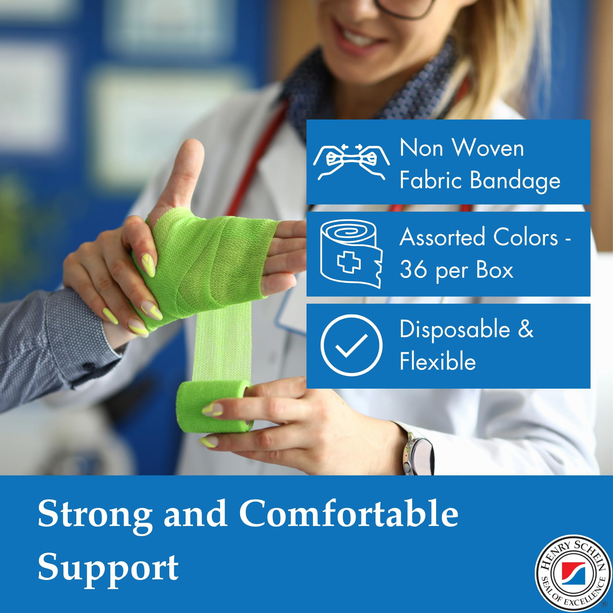 Henry Schein Premium Self-Adherent Bandage Wrap – 2" x 5 Yards, Assorted Colors – Box of 36 Rolls – Flexible, Non-Woven Fabric, Non-Sterile, Latex-Based Wrap for Wound Care & Light Compression