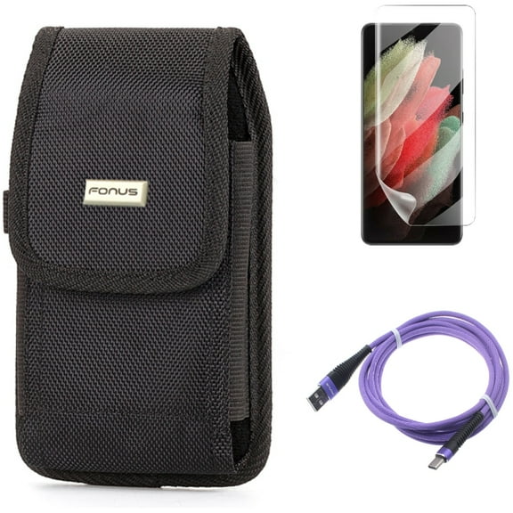 Matte Screen Protector & 10ft USB Cable & Case Belt Clip for Samsung Galaxy S21 Ultra Phone - TPU Film Anti-Glare & Purple Type-C & Rugged Holster Accessory Bundle