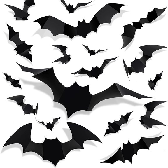 Halloween 3D Bat Decorations - 72pcs 12 Sizes Realistic PVC Scary Black Bat Sticker Home Decor DIY Wall Decal Bathroom Indoor Hallowmas Party Supplies
