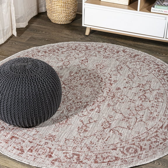 JONATHAN Y SANTA MONICA 5' Round Area Rug, Rozetta Boho Medallion Textured Weave - Red/Taupe, SMB102A-5R