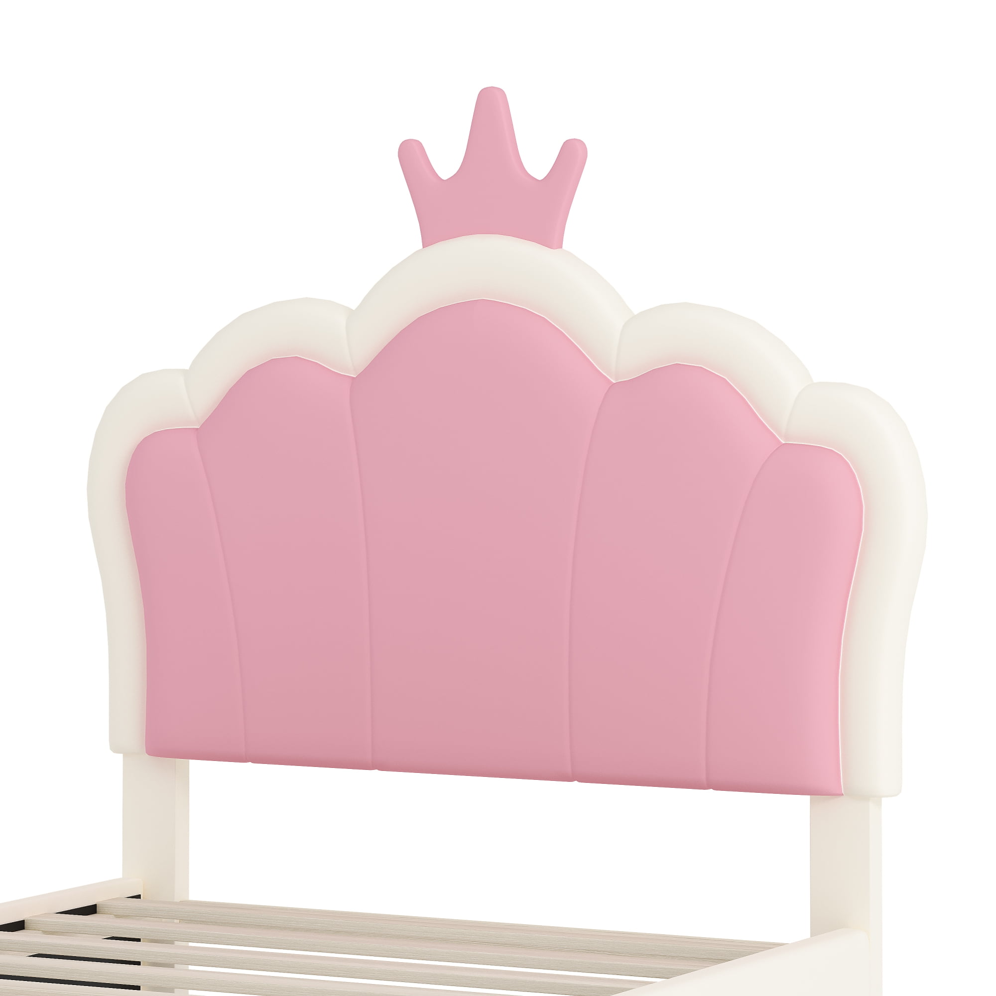 Jopath Twin Size Upholstered Bed, Princess Platform Bed with Headboard, Crown Headboard Design for Toddler Kids Teens Cream