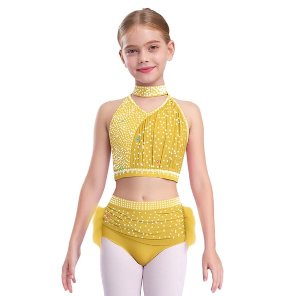 Sholeno Girls Ballet Lyrical Dance Set Cross Back Rhinestones Crop Top with Feather Briefs Skirt Suit Yellow 12