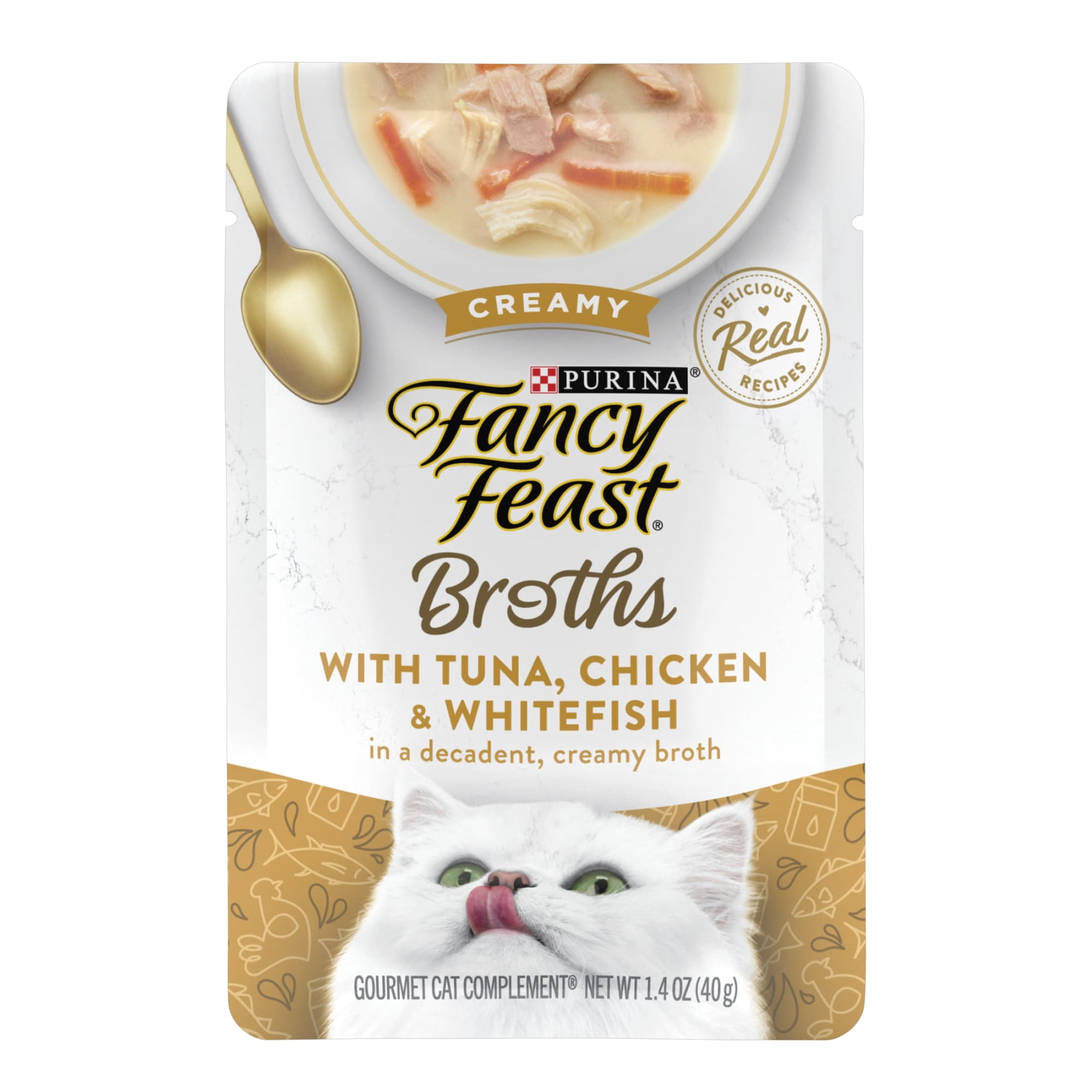 Purina Fancy Feast Broths Wet Cat Food, Creamy Chicken & Whitefish, 1.4 oz Pouch (16 Pack)