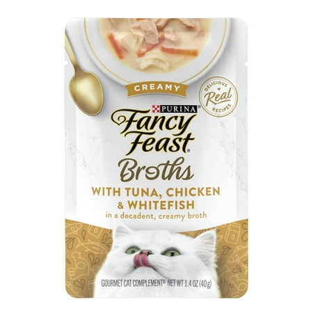 Purina Fancy Feast Broths Wet Cat Food, Creamy Chicken & Whitefish, 1.4 oz Pouch (16 Pack)