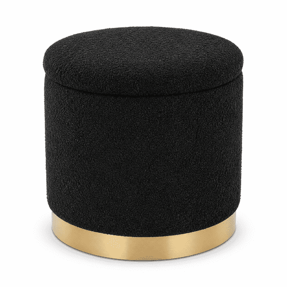 Round Storage Ottoman, Boucle Vanity Stool with Hidden Storage, Small Upholstered Footrest and Coffee Table for Bedroom, Living Room and Makeup Room, Black with Gold Plated Base