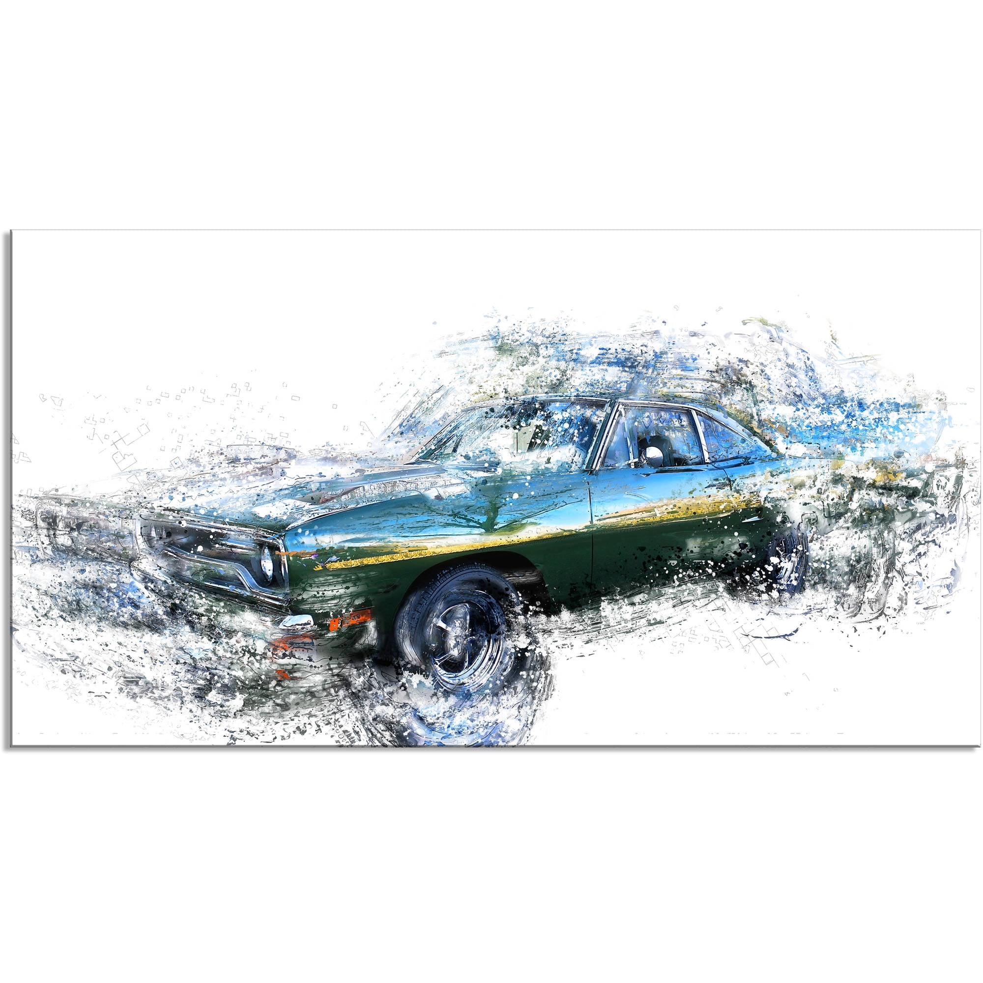 DESIGN ART Blue and Green Muscle Car, 32 x 16-inch Canvas