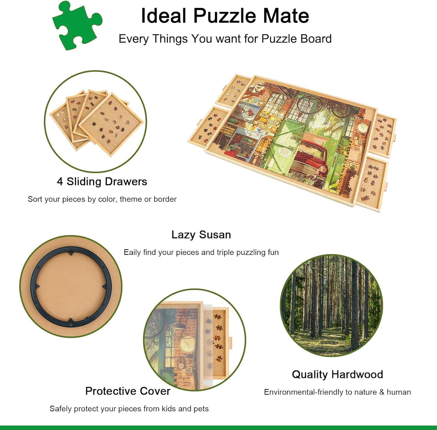 1500 Pieces Rotating Puzzle Board with 4 Drawers and Cover,25"x34" Portable Wooden Jigsaw Puzzle Table for Adults,Lazy Susan Spinning Puzzle Boards Birthday Gift for mom