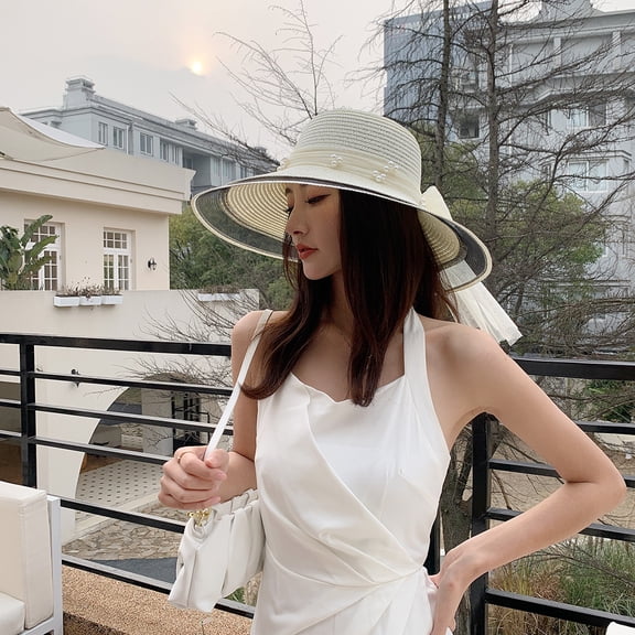 Women's straw hat summer pearl sun hat bow ribbon travel beach sun hat white 1 piece