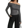 thumbnail image 2 of Women'S Off Shoulder Tops Dressy Casual Slim Fit Long Sleeves Spring Fall Blouse Going Out Shirt Gray L, 2 of 9