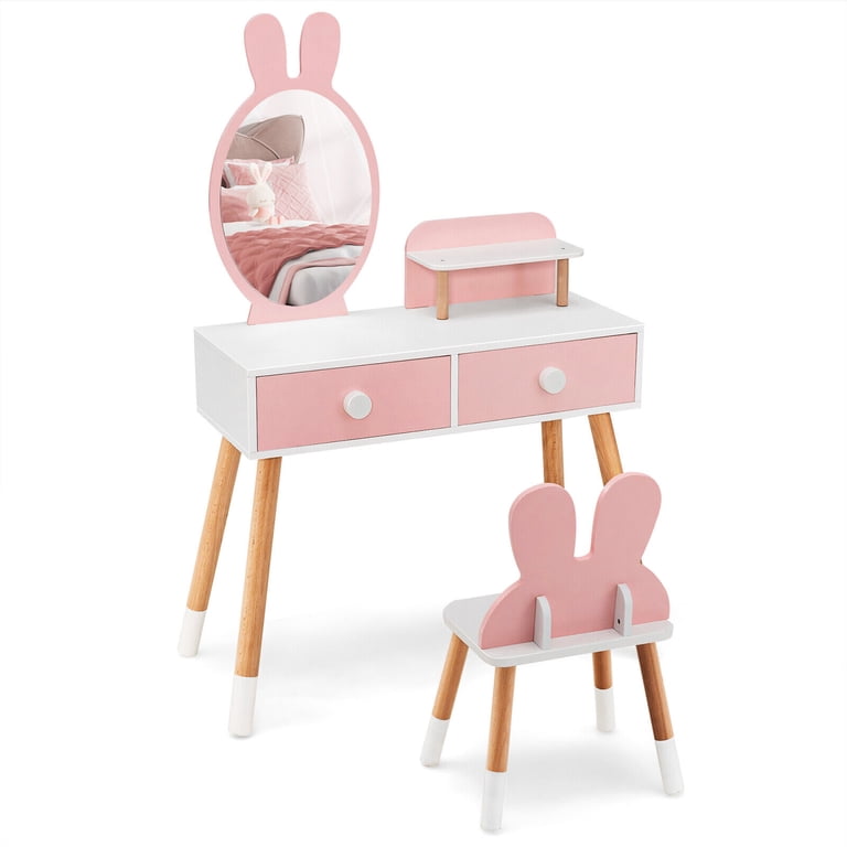 Gymax Kid Vanity Set Makeup Table Stool with Drawer Shelf Wood Leg Rabbit  Patented Mirror Pink