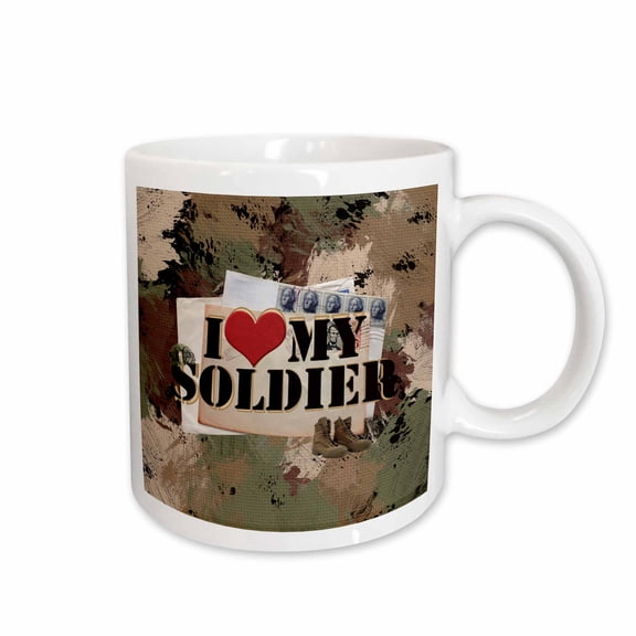 3drose, I Love My Soldier, Heart, Helmet, Letters, Boots, Camouflage Design, 11oz Mug