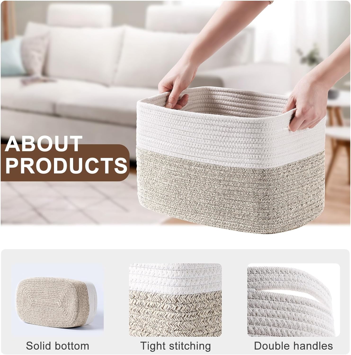 Baskets for Organizing - Cotton Rope Baskets for Shelves, 12” Decorative Woven Baskets for Storage, Organizer Bins for Living Room, Laundry, Bedroom, 4 Pack, White/Brown