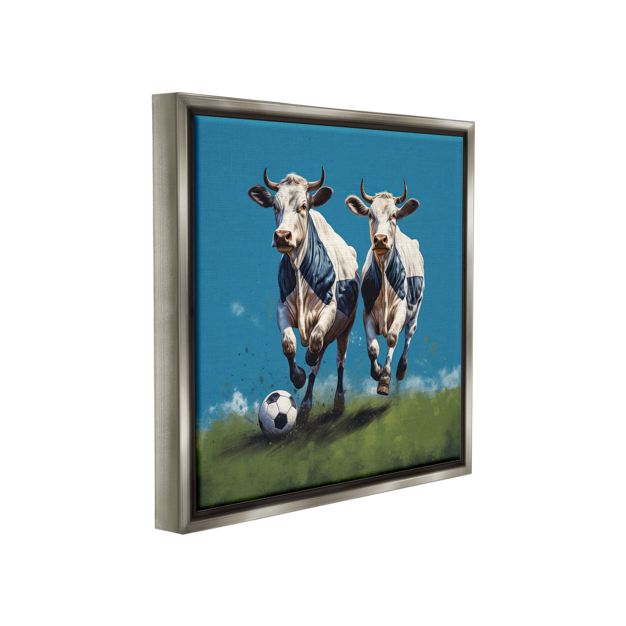 Stupell Industries Cows Playing Soccer Animals & Insects Painting Gray Floater Framed Canvas Art Print Wall Art, 18 x 18
