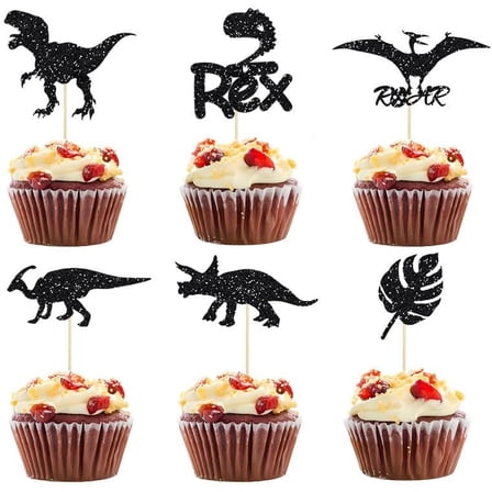 12pcs Dinosaur Cupcake Toppers - 2 Rex Black Glitter Cupcake Picks - Cute Baby Shower Dinosaur Cake Toppers for Two Years Old Boy - Party Decoration Supplies