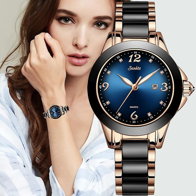 Sunkta Fashion Women Watches Ladies Top Brand Luxury Ceramic Rhinestone Sport Quartz Watch Women Blue Waterproof Watch Walmart