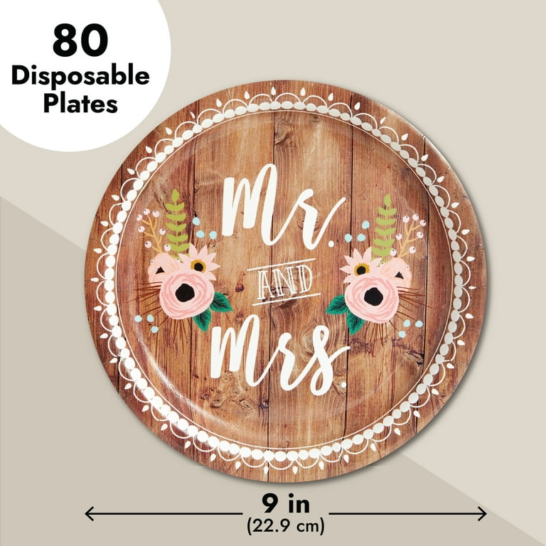 80-Count Wedding Paper Plates, Disposable Mr and Mrs Rustic-Style  Reception, Bridal Shower, Country Wedding Decorations, Engagement Party  Supplies (9