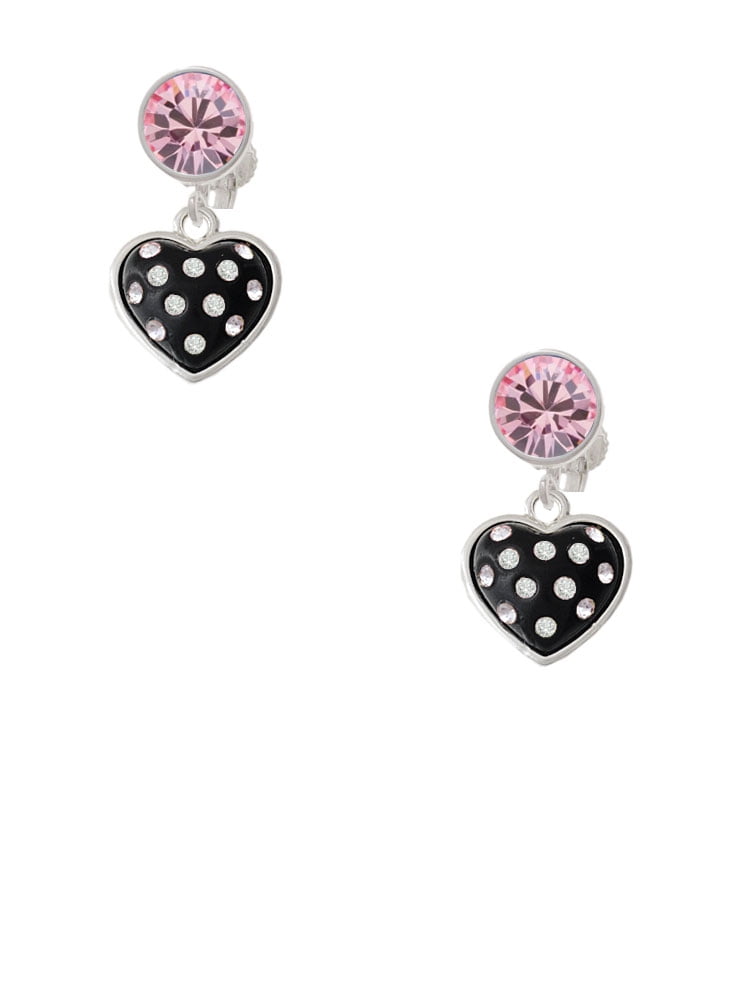 Delight Jewelry Silvertone Black Resin Heart with Clear Crystals in Frame Pink Crystal Clip on Earrings