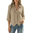 thumbnail image 2 of TGSLY Women's Button Down Shirts Lightweight Soft Collared Solid Color Blouses Loose Dressy Casual Cuffed 3/4 Sleeve Cotton Tops M, 2 of 10