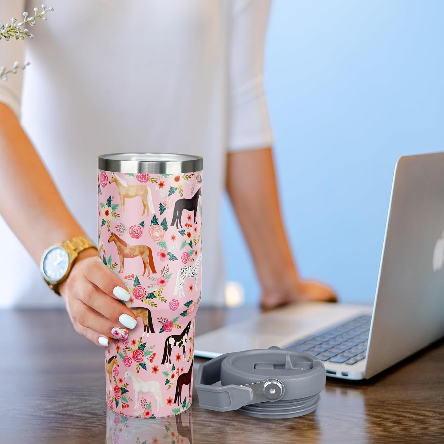 30oz Pink Floral Horse Tumbler with Handle & Flip Straw - Vacuum Insulated Stainless Steel Water Bottle, Leakproof Travel Mug - Gift for Equestrian, Women, Girls - Use for Home, Office, Car, Outdoors