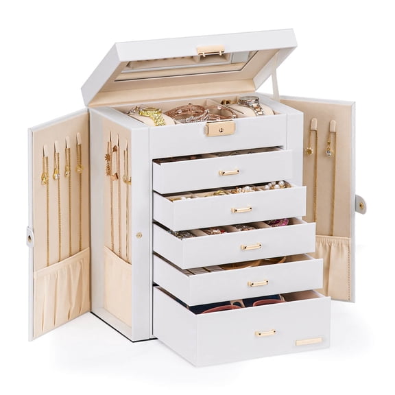 Enogets Large Jewelry Box for Women, 6-Layer Jewelry Organizer with 5 Drawers, Lockable Storage Case with Mirror & Necklace Hooks,White