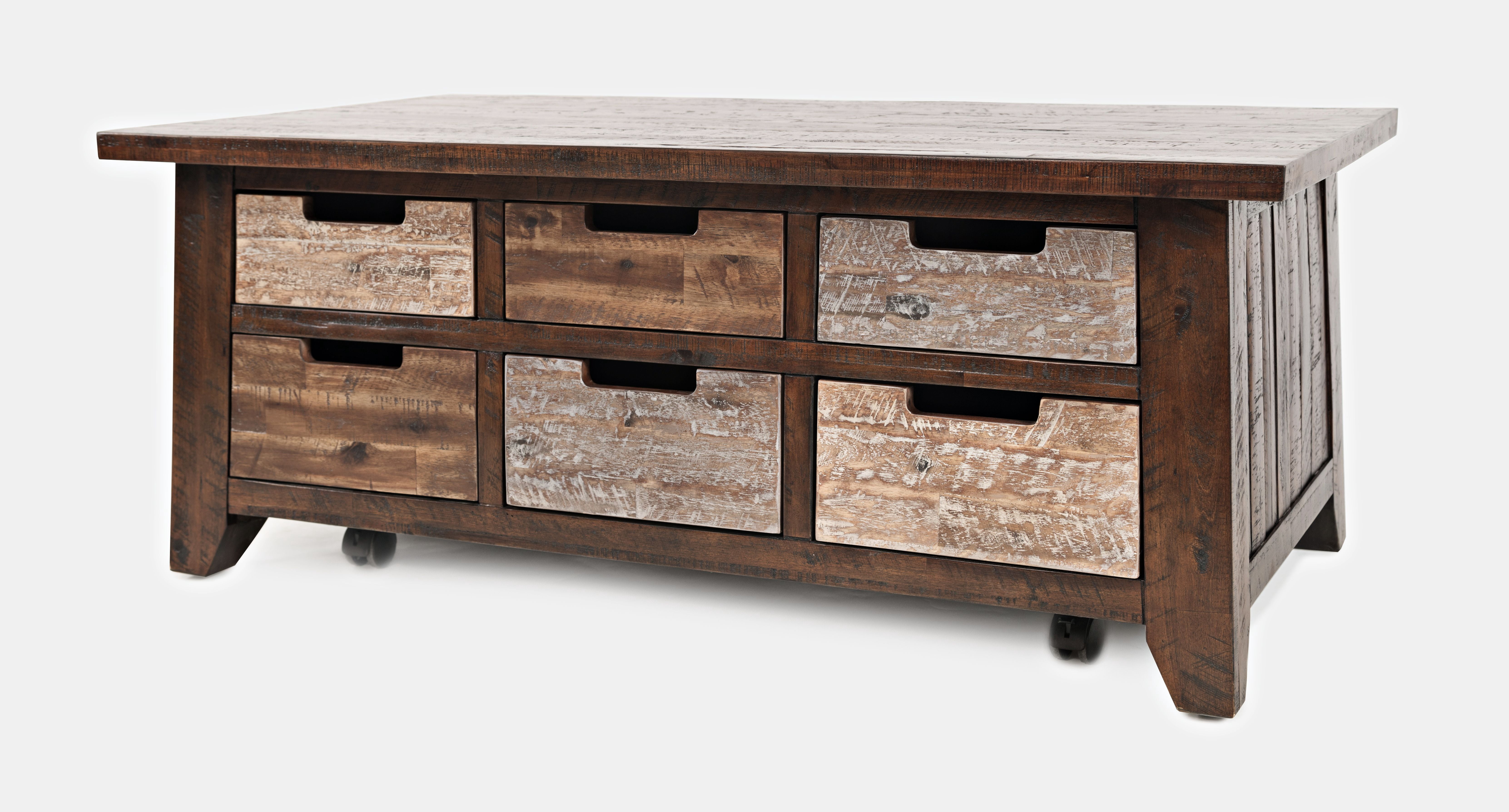 Jofran Painted Canyon Rustic Solid Acacia Box Coffee Table with Pull-Through Drawers and Caster Wheels