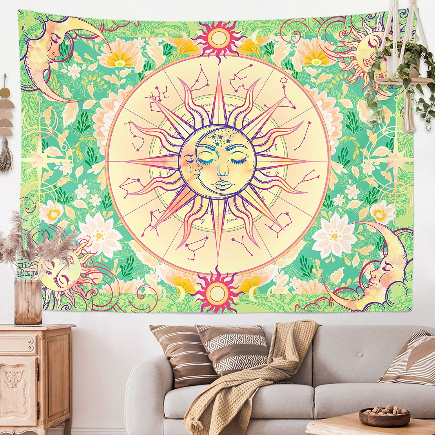 CPDD Pastel Tapestry Burning Sun Tapestry Mystic Tapestry Celestial Sun and Moon with Stars Tapestry Psychedelic Hippy Tie Dye Wall Hanging for Party Home Decor Green 59.1 x 82.7 Walmart