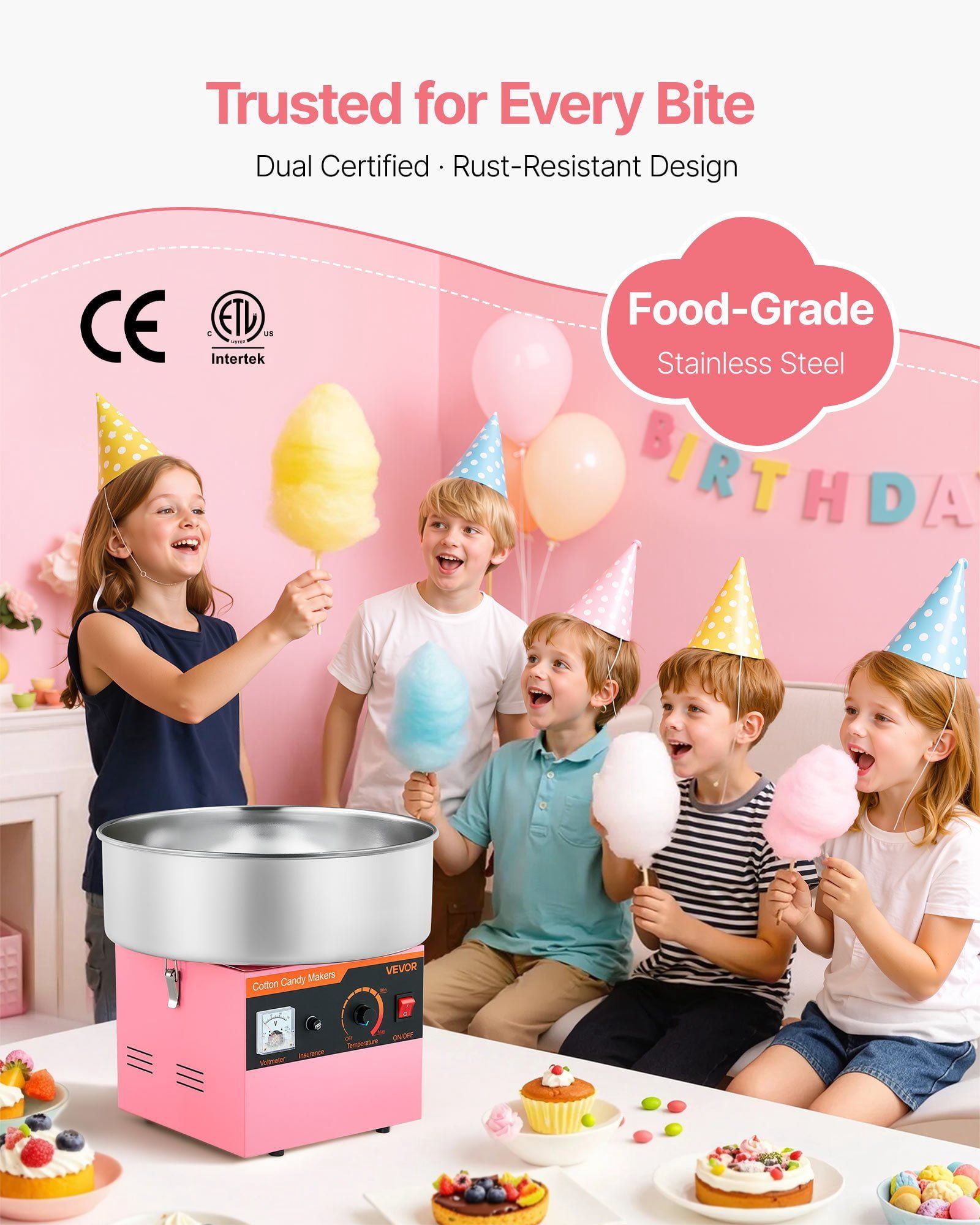 Commercial Cotton Candy Machine Electric Sugar Floss Maker 1000W Stainless Steel Plate Pink Body with Overheat Protection, 3.7oz Sugar Capacity, Easy Operation, Quick Cleanup