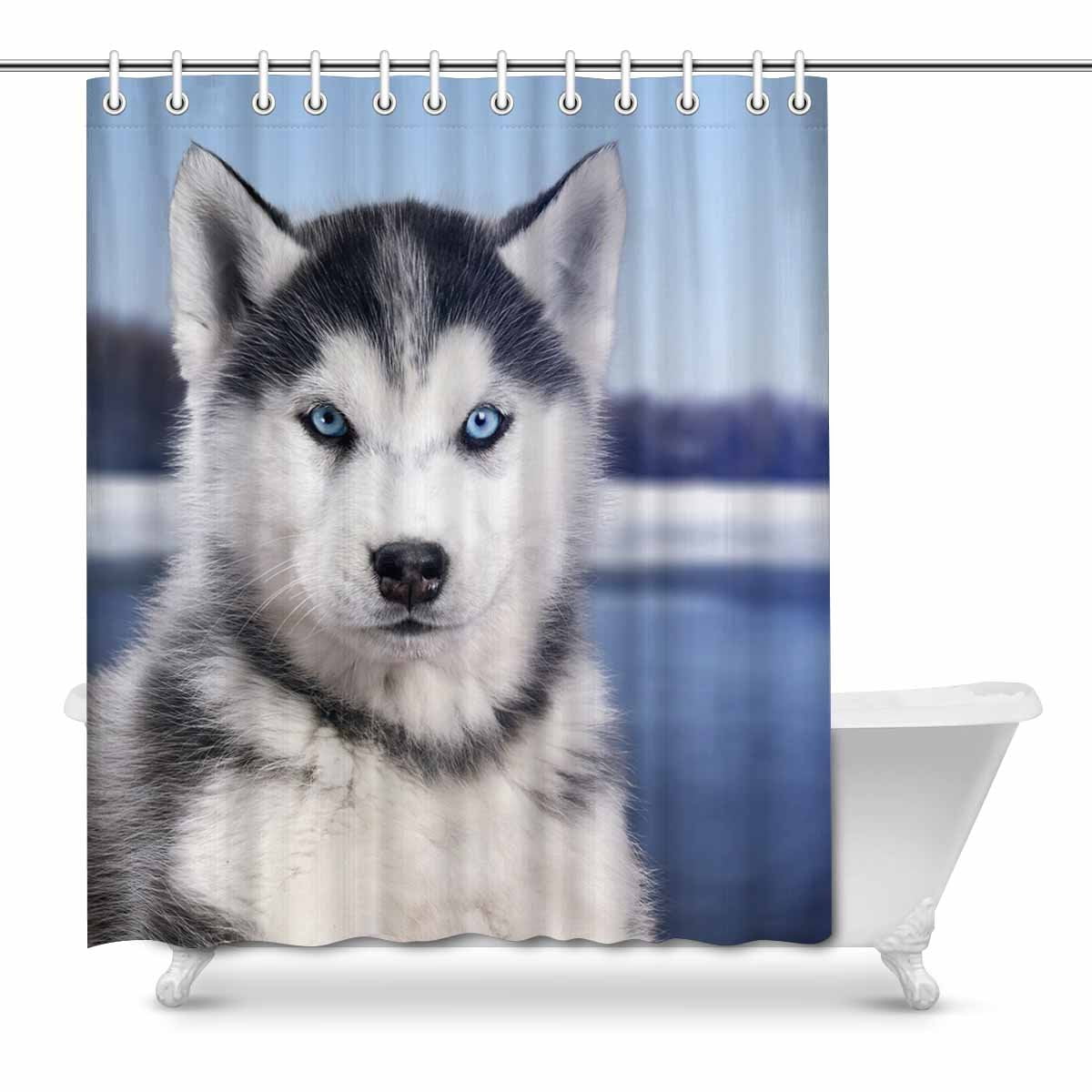 Pet Dog Husky Animal Decor Waterproof Bathroom Fabric Shower Curtain & Hooks 71" 