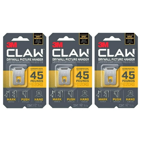 

3M Claw Drywall Picture Hanger Hook Marker Steel Holds 45 lbs Silver 3 Pack