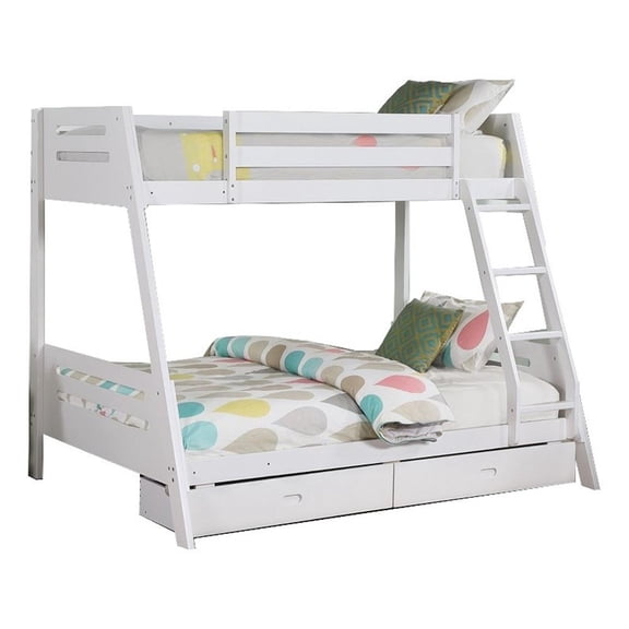 Emily Twin Over Full Bunk Bed with Ladder- 2 Drawers- White Solid Wood