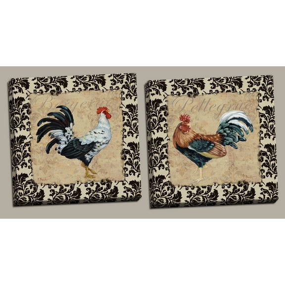 Decorative Bordered French Rooster Bergerac and Pellegrue Set; Country Decor; Two 12x12in Hand-Stretched Canvases