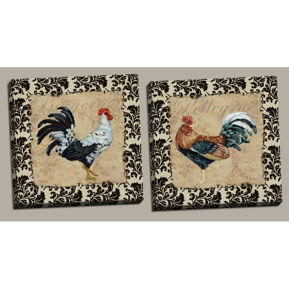 Decorative Bordered French Rooster Bergerac and Pellegrue Set; Country Decor; Two 12x12in Hand-Stretched Canvases