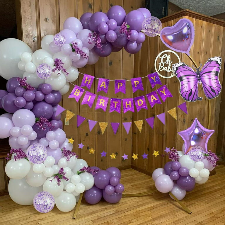 AYUQI Birthday Decoration,Purple White Happy Birthday Banner Birthday  Balloons Bunting Confetti Latex Balloons for Birthday Pastel Party  Decorations
