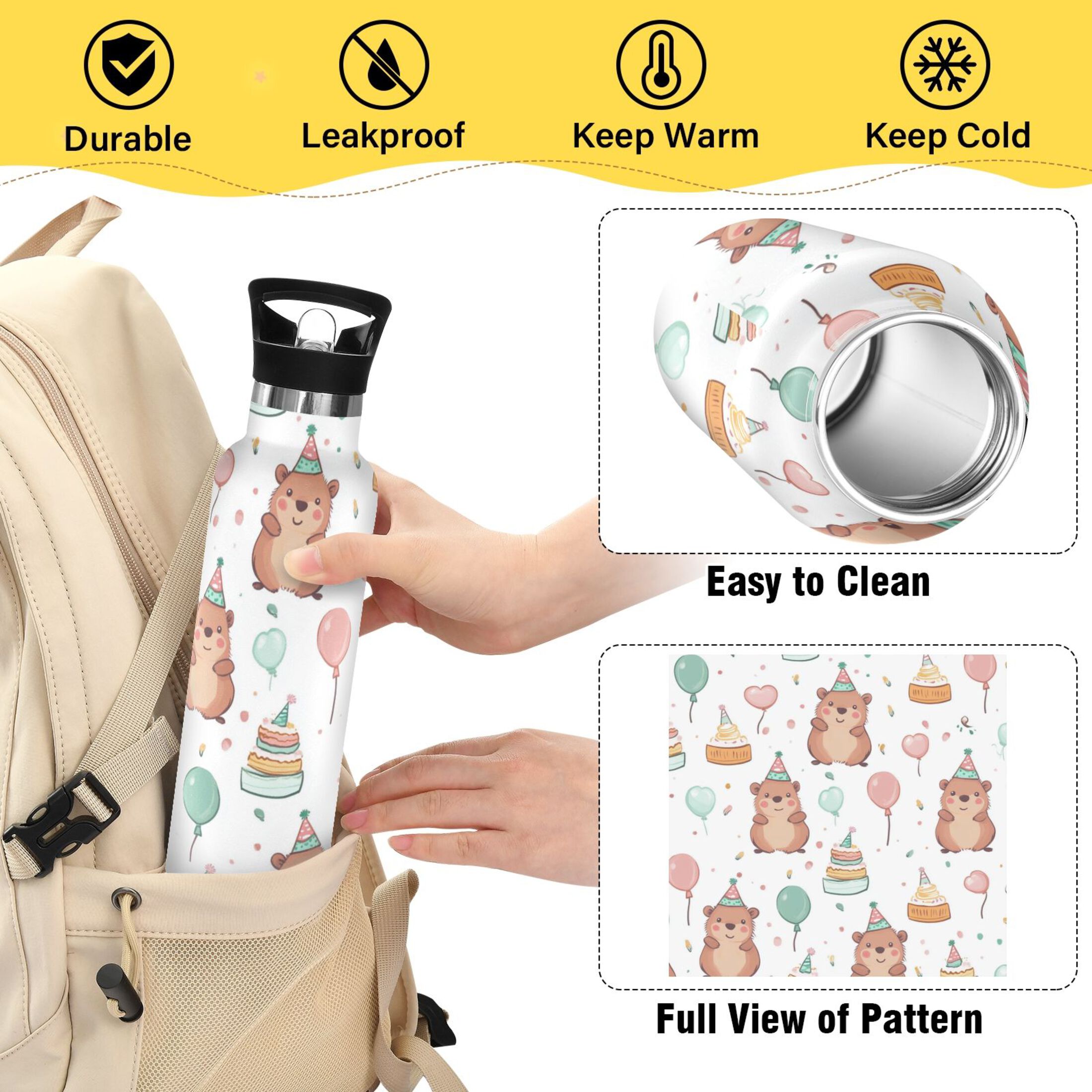 Kids Insulated Stainless Steel Sports Water Bottle 600ml (20oz) Capybara Wearing Party Hat