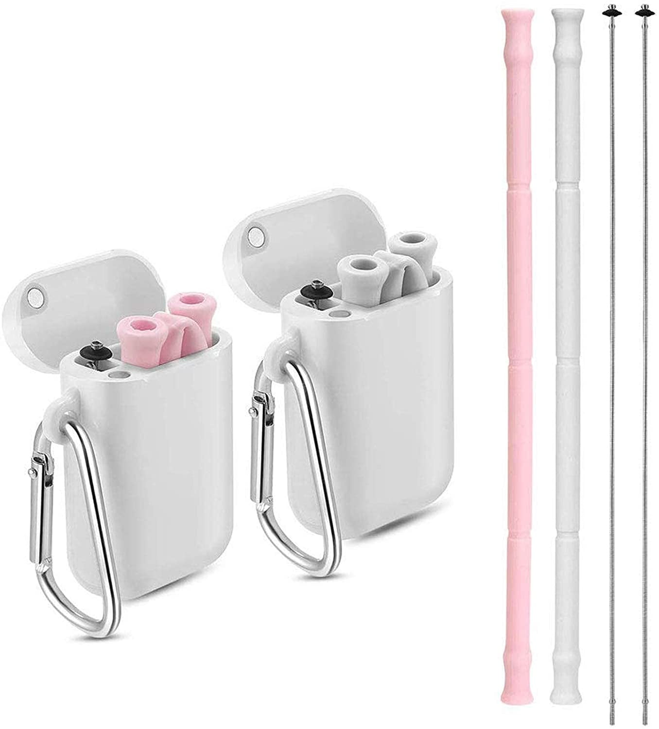 2 Pack Cleaning Brush Vantic Portable Reusable Metal Straws- Telescopic Stainless Steel Travel Metal Straw with Carrying Case & Silicone Flex Tip Pink & Gray 