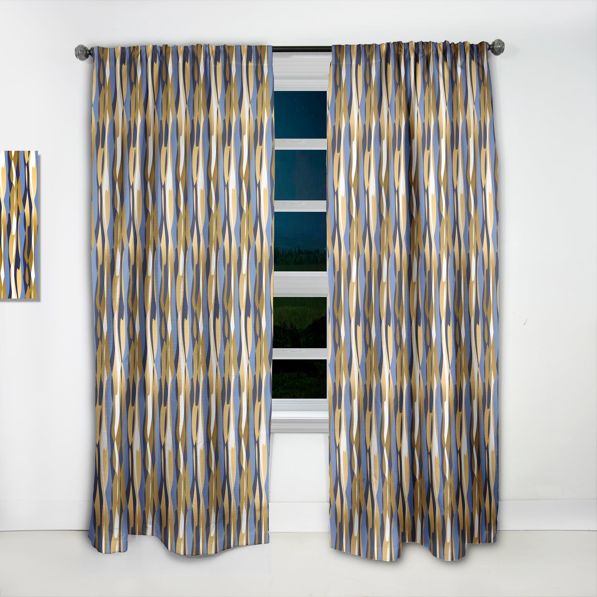 Designart 'Retro Luxury Waves In Blue and Gold I' Mid-Century Modern Curtain Panel