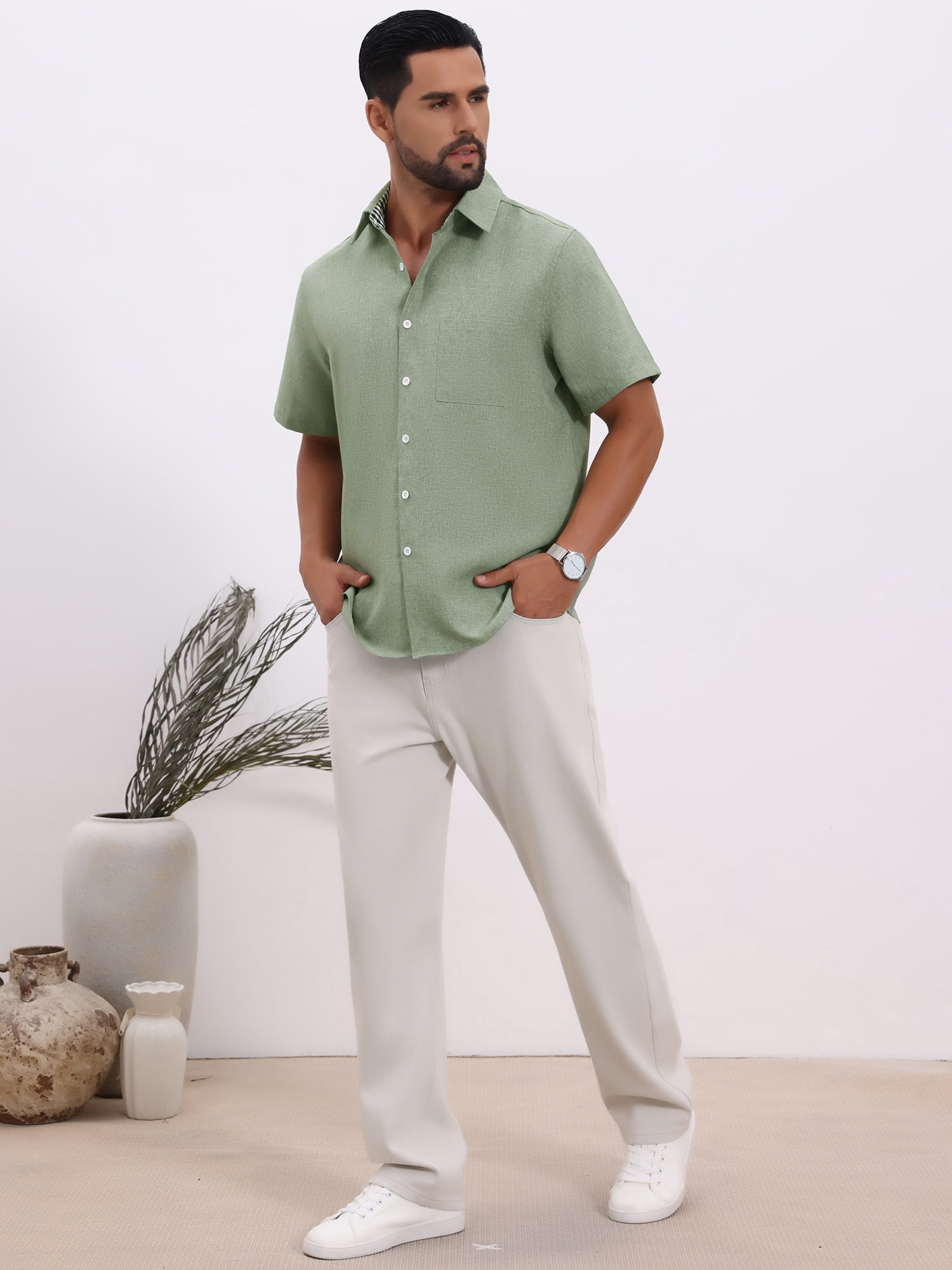 DARING DIVA Men's Plain Linen Short Sleeve Contrast Color Collar Shirts S Light Green