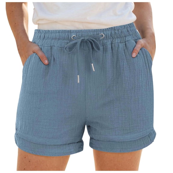 Staki Women's Linen Shorts with Pockets Drawstring High Elastic Waisted Wide Leg Loose Casual Summer Shorts(Blue,S)