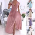 thumbnail image 2 of Quixlent Women Evening Dress V Neck Sleeveless Pleated Split Hem Slim Waist Floor Length Solid Color Wedding Cocktail Party Prom Maxi Dress, 2 of 8