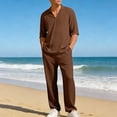 thumbnail image 2 of Jessboyy Mens Pants Sets 2 Piece Outfits Summer V Neck Short Sleeve T Shirts and Pants with Pockets Travel Vacation Outfits Casual Clothing Set Coffee,M, 2 of 9