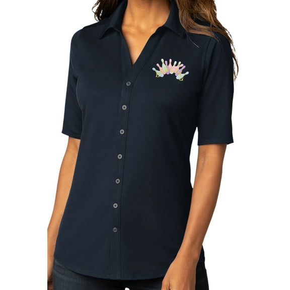 Womens Pastel Bowling Arch Button-Down Stretch Shirt, Small River Blue