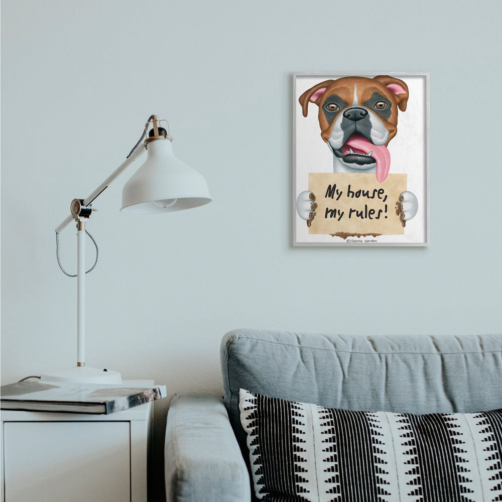 Stupell Industries My House My Rules Quote Funny Dog Home Pet Sign Animals & Insects Painting Gray Framed Art Print Wall Art, 16 x 20
