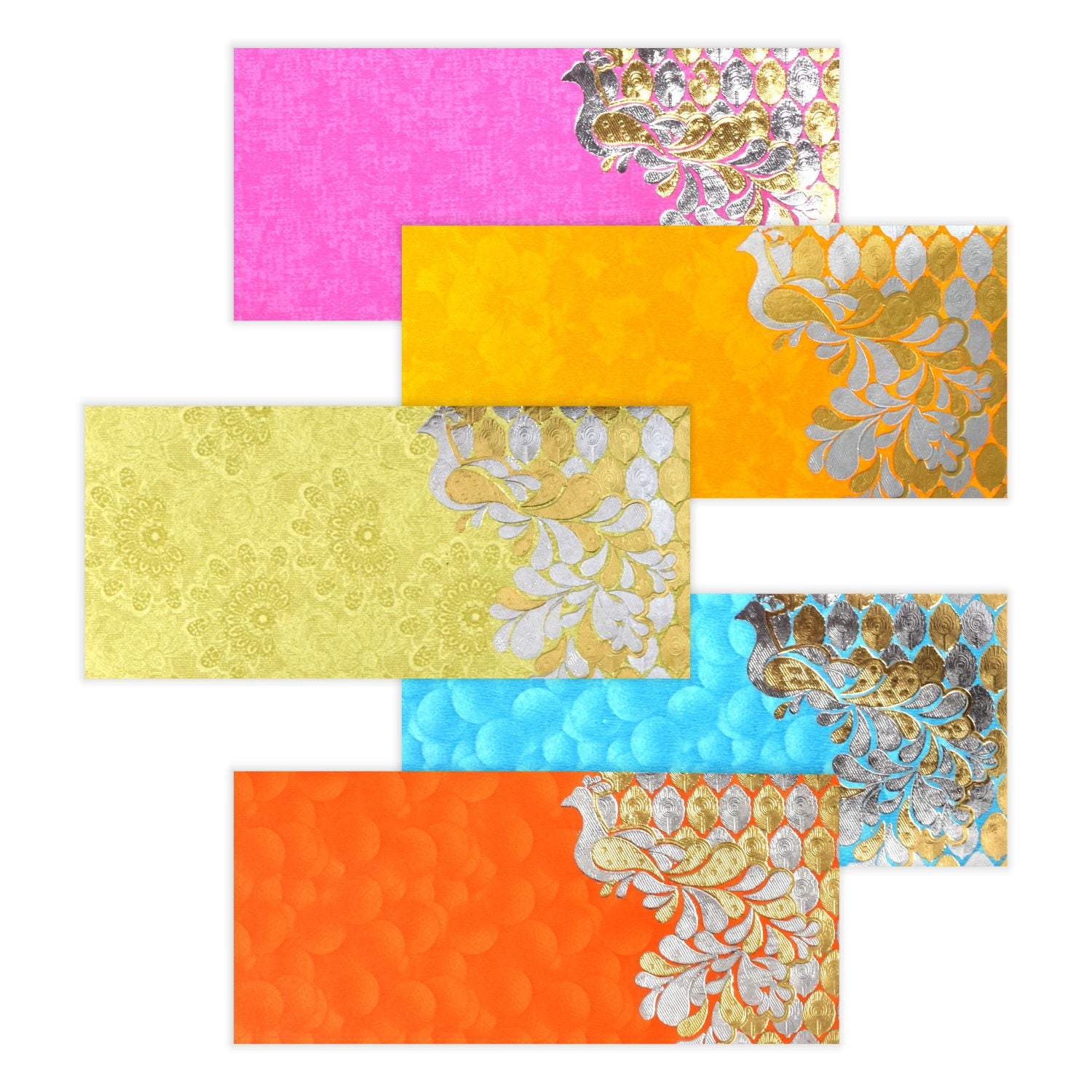 PARTH IMPEX Shagun Gift Envelope for Cash (Pack of 50) 7.5" x 3.5" Peacock Feather Gold Silver Foil Stamping Assorted Color Money Holder Card for Christmas Diwali Birthday Wedding Graduation