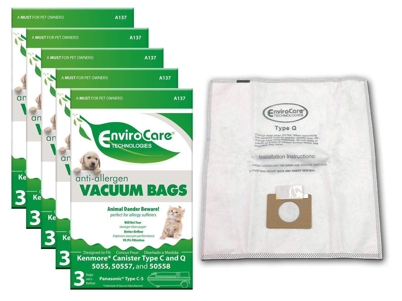 6 Kenmore Type C HEPA Allergen Canister Vacuum Bags 5055 and 50558 by EnviroCare for sale online 