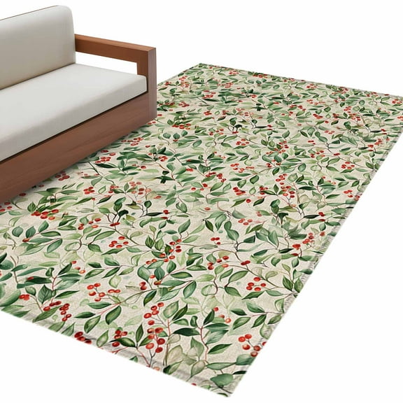 Christmas Area Rug 3x5 FT, Non Slip Entryway Bedside Carpet, Xmas Botanical Berry Red Green Watercolor Rustic Washable Soft Floor Carpet Indoor Mat Throw Rug for Dorm Kitchen Home Office
