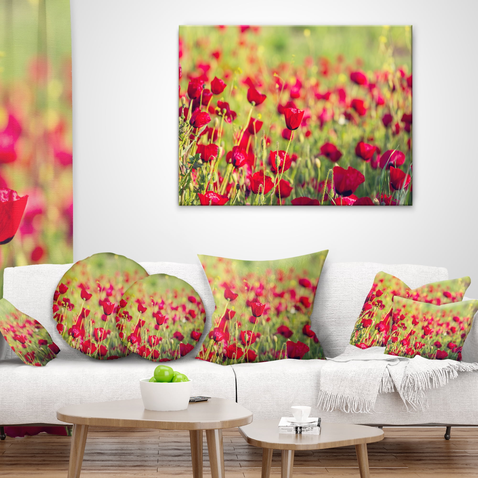 Designart Beautiful Poppy Flowers Background - Flower Throw Pillow - 18x18